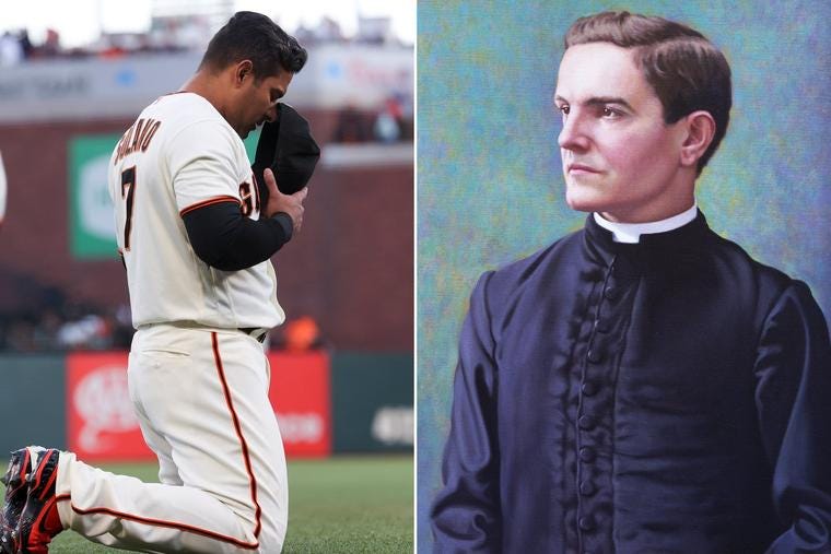 LEFT: San Francisco Giants infielder Donovan Solano kneels while praying on the field before Game 2 of the 2021 National League Division Series against the Los Angeles Dodgers at Oracle Park on Oct. 9, 2021, in San Francisco. RIGHT: Blessed Michael McGivney, founder of the Knights of Columbus.
