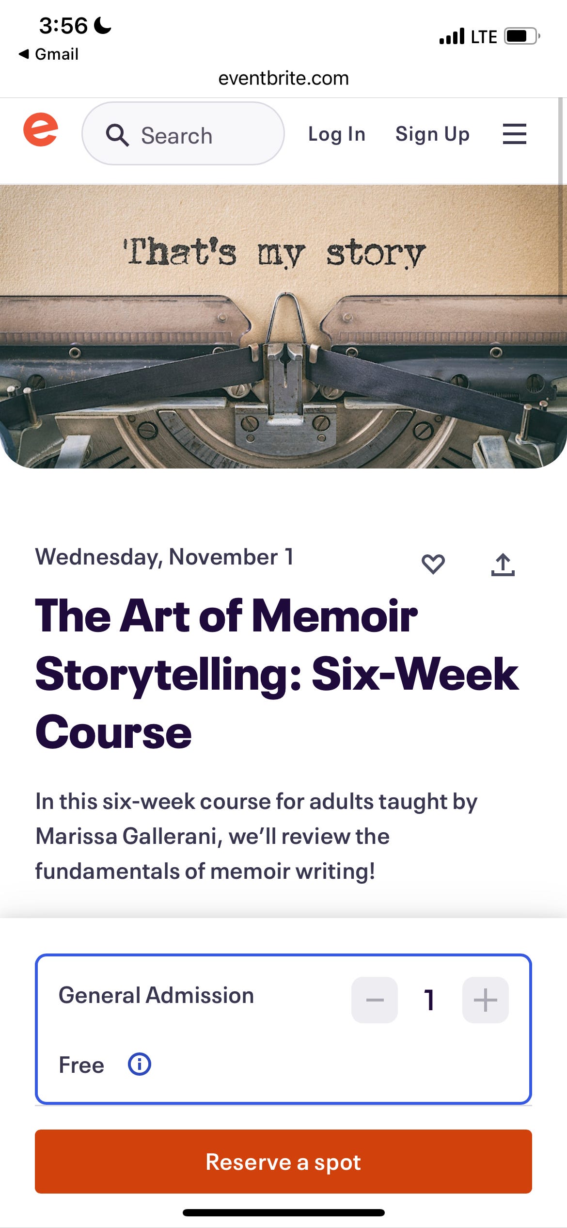 A white event page with the words The art of memoir storytelling: six week course printed on it in black.