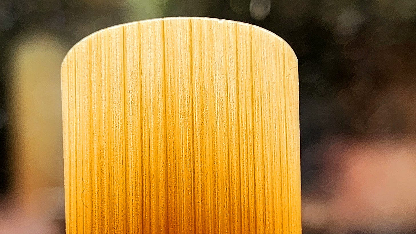 Color photograph detail of illuminated top section of a Vandoren tenor saxophone reed.