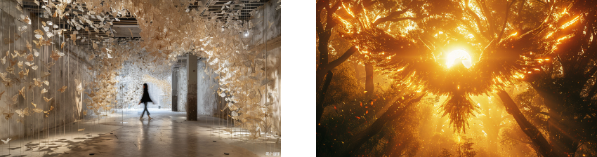 A visually intriguing set combining an ethereal art installation with hanging paper leaves and a vivid portrayal of sunlight streaming through a dense, golden forest.
