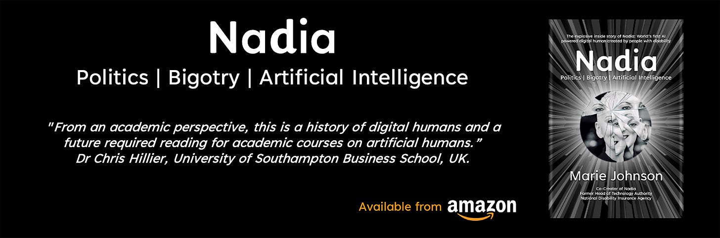 Banner. Black background. Image of a book. White text reads "Nadia: Politics | Bigotry | Artificial Intelligence". Orange text: Available from Amazon.