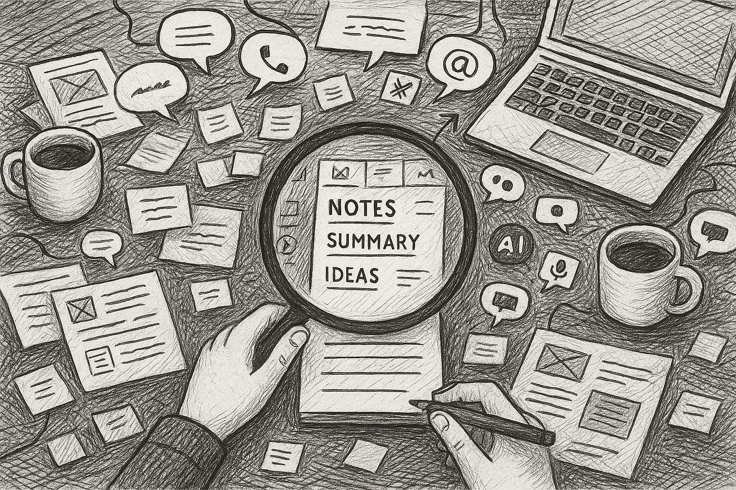 Hand-drawn black-and-white illustration of a top-down view of a cluttered meeting table, scattered with notes, laptops, coffee mugs, and chat bubbles. In the center, a magnifying glass highlights a neatly organized notepad labeled "NOTES," "SUMMARY," and "IDEAS," symbolizing intentional attention and focus amid meeting chaos.
