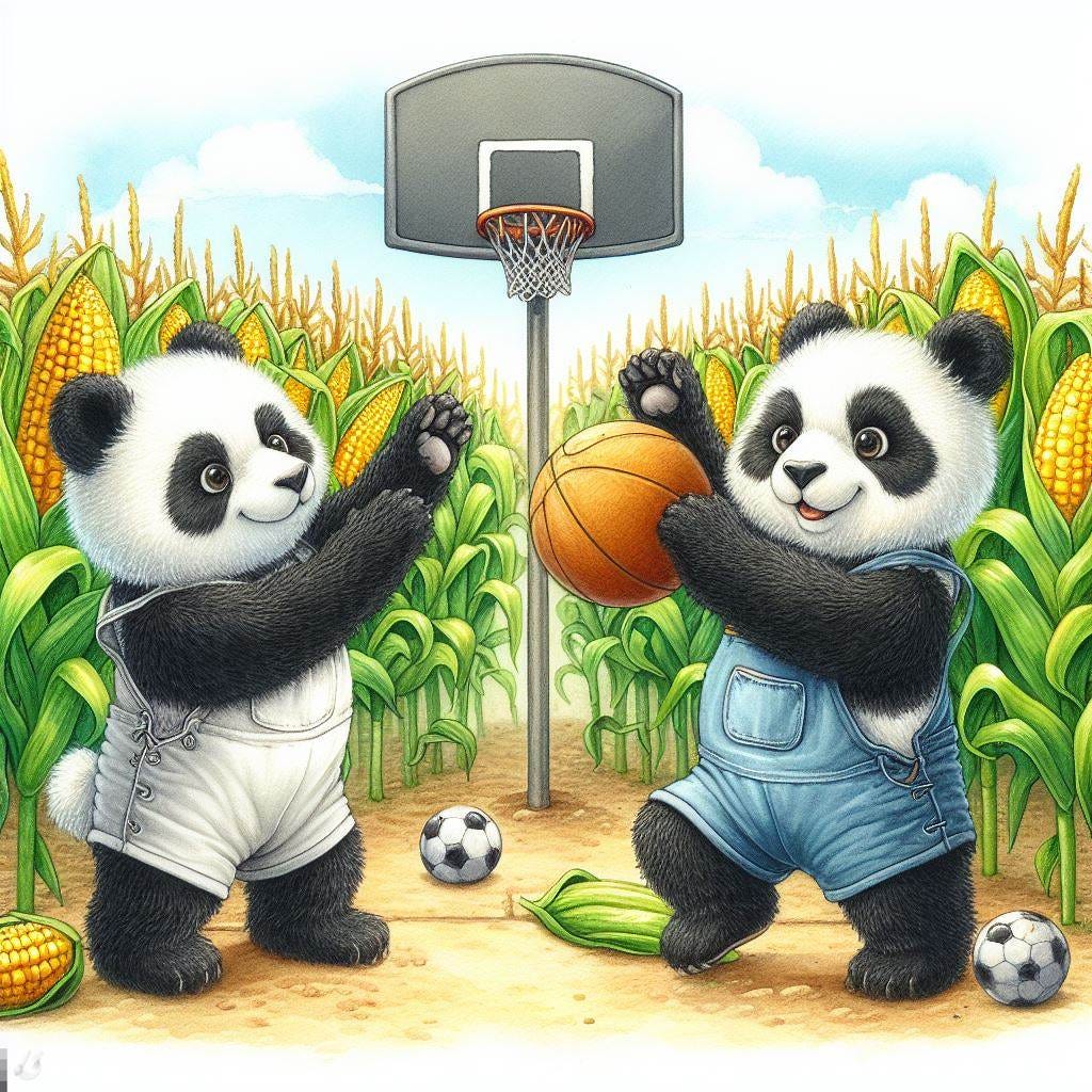 Two pandas playing basketball in a corn field, watercolor
