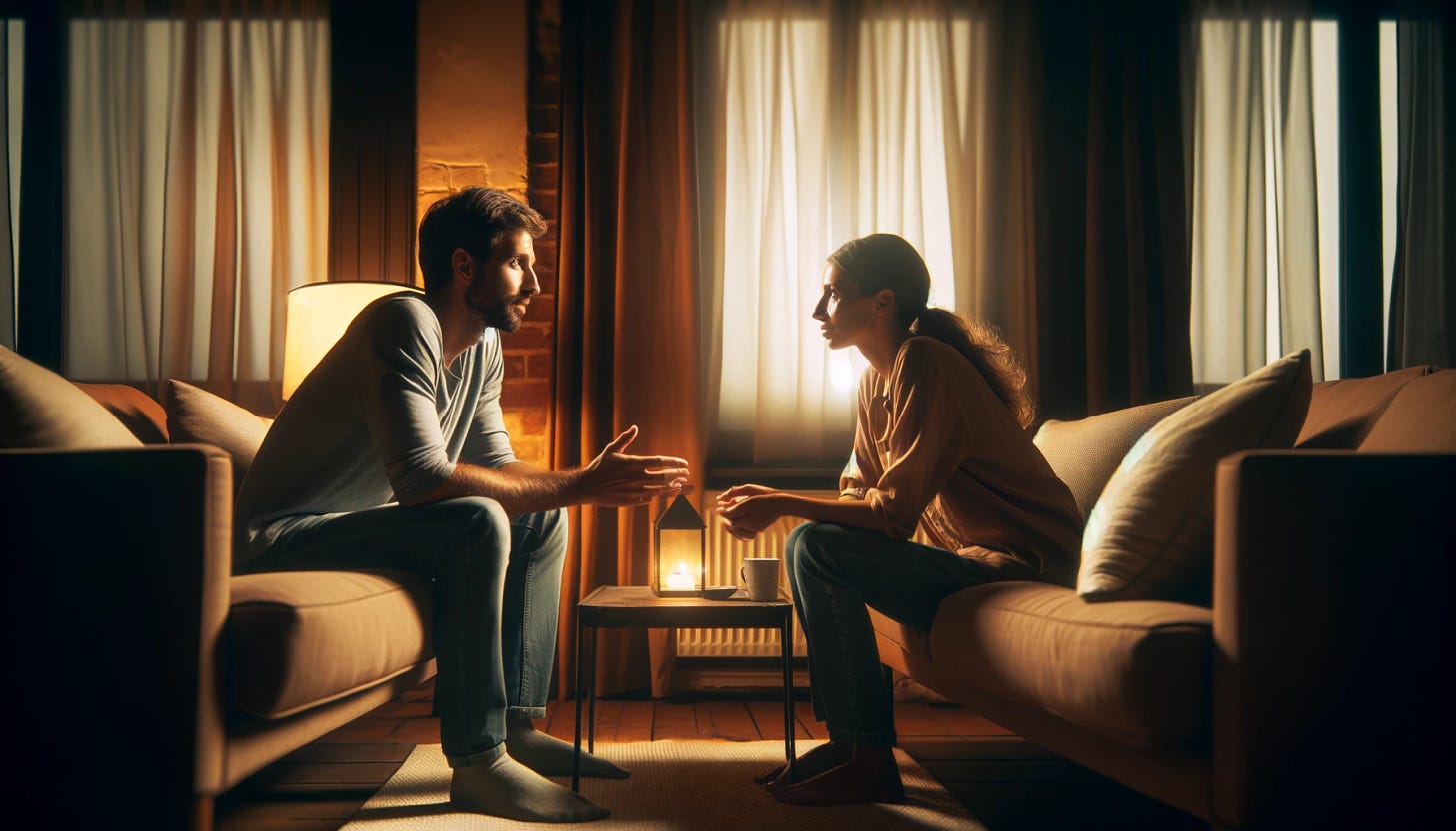 A couple talking to each other in a cozy living room. Both are seated on a comfortable sofa, engaged in a deep conversation. The room is warmly lit, with soft lighting creating an intimate and welcoming atmosphere. The furniture is comfortable, with pillows and a coffee table in front of them. The overall mood is a mix of warmth and emotional connection, highlighting the importance of communication in relationships.