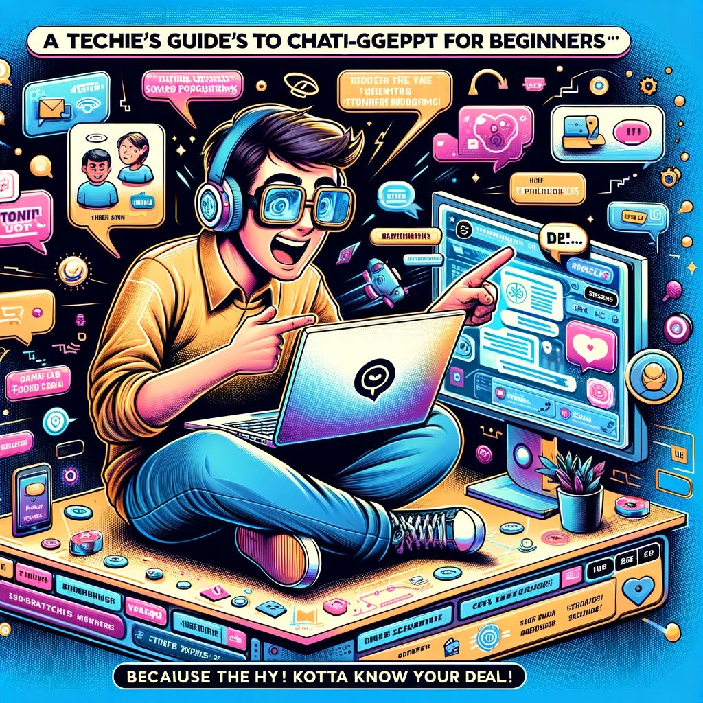 Create an eye-catching and informative image for a newsletter, themed 'A Techie's Guide to ChatGPT for Beginners - Because when the hype is real...you gotta know your deal.' Visualize a scene where a tech enthusiast, equipped with a laptop and wearing smart glasses, is deeply engaged in exploring the ChatGPT interface displayed on their computer screen. Surrounding the character are floating digital icons and bubbles showing various ChatGPT functionalities like natural language processing, machine learning models, and conversation examples. The techie is animatedly pointing at the screen, highlighting key features and tips for beginners, with an excited expression that conveys the thrill of discovering this cutting-edge technology. The background is filled with digital patterns and futuristic elements that underscore the innovative aspect of ChatGPT. Include the title of the guide prominently in the scene, making it a central element of the design. The image should be vibrant, dynamic, and rendered in a cartoonish style, effectively communicating the essential information and enthusiasm for ChatGPT to newsletter readers.