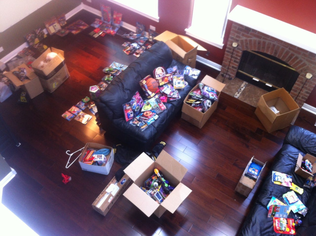 An overview of Chris's living room in his old house displaying around 80 percent of all the toys he made. He estimates there are over 160 different toys in this image!
