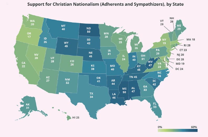 U.S. map showing support for Christian nationalism