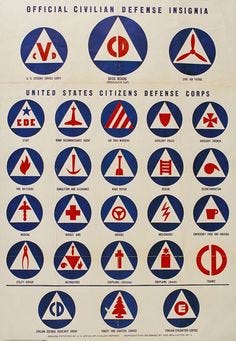 This may contain: the official civil defense insignia is displayed on a white paper with red and blue symbols