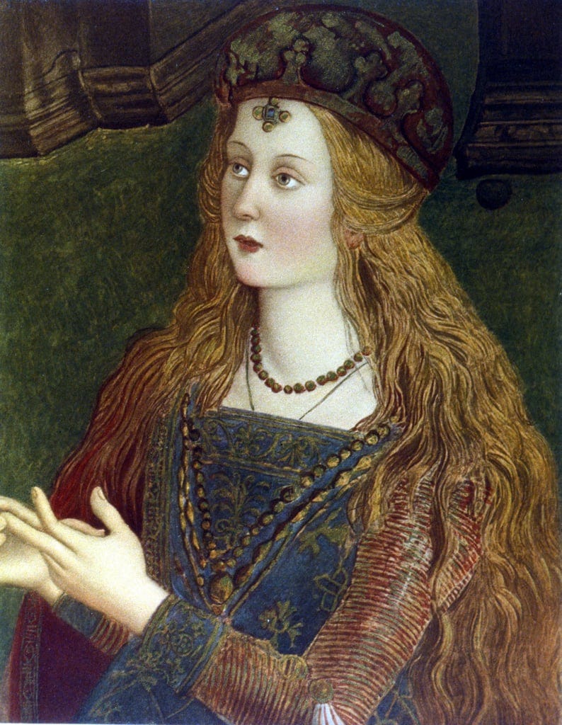 Portrait of Lucretia Borgia by Bernardino di Betto Pinturicchio, in oils of her with long loose blonde hair and richly dressed