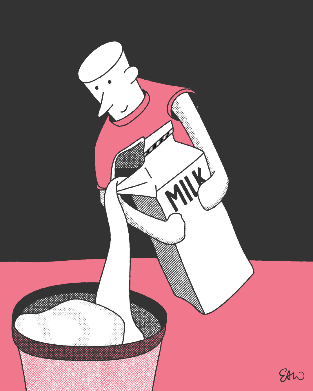 Illustration of a character pouring milk into a mixing bowl. The carton of milk is comically larger than the character holding it.