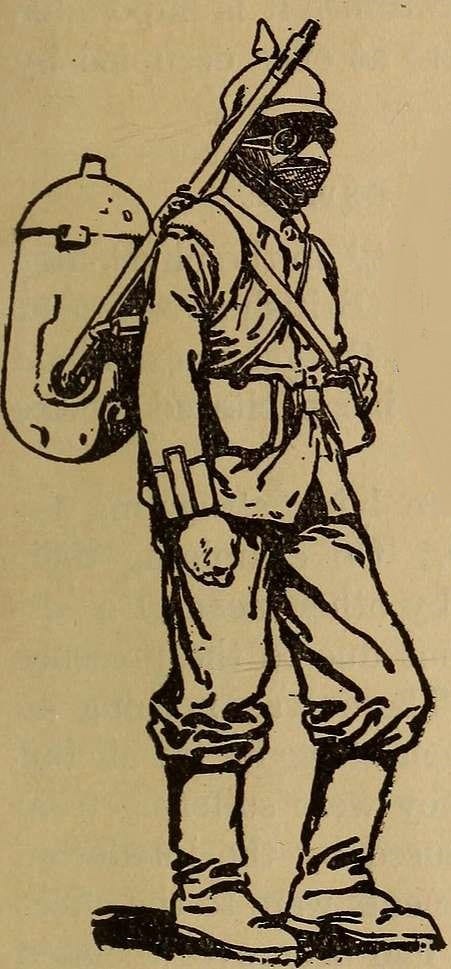 Drawing of a German soldier carrying a flamethrower cannister. He is wearing protective goggles and a cloth mask to shield his face.