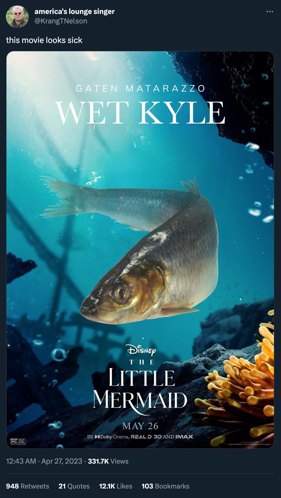 Tweet by KrangTNelson: “this movie looks sick” with a Little Mermaid character poster of everyone’s favorite undersea guy, Wet Kyle, played by Gaten Matarazzo. He’s just a fish. 