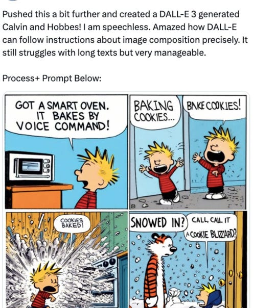 A X post of a DALL-E 3 engineered facsimile of a Calvin and Hobbes strip