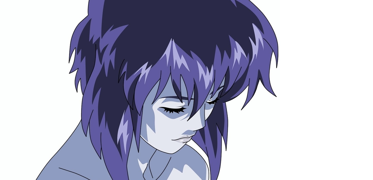 A drawing of Mokoto Kusanagi, protagonist of the Ghost in the Shell series, looking fown, her hair framing her face.