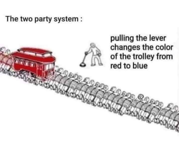 pulling the lever changes the colour of the trolley from red to blue but it still kills the people tied to the tracks