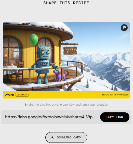"Share this recipe" view in Google Whisk