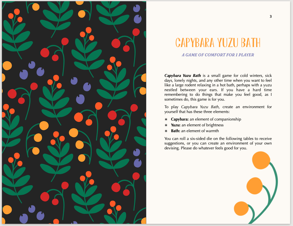 The same first page spread of Capybara Yuzu Bath. The left page now has a pattern of berries and leaves on a black background. The right page has a large illustration of a yellow berry; the title text is the same color.