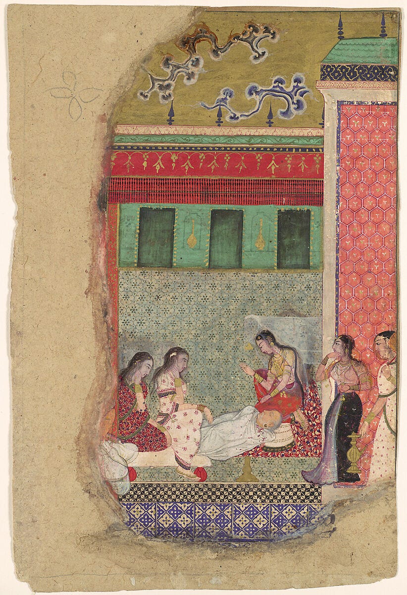 "The Death of King Dasharatha, the Father of Rama", Folio from a Ramayana, Opaque watercolor and gold on paper 