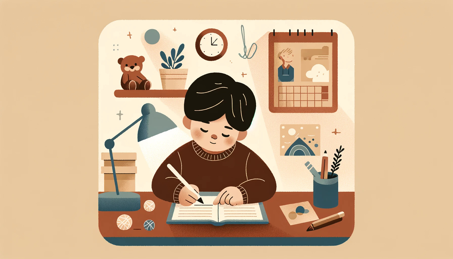 A minimalist vector illustration of a small boy thoughtfully writing in his diary. The boy is depicted sitting at a desk in a cozy room, surrounded by subtle hints of recent events in his life, like toys and a calendar. The image conveys a sense of introspection and personal growth, with a warm, inviting color palette.
