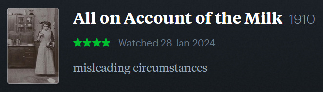 screenshot of LetterBoxd review of All on Account of the Milk, watched January 28, 2024: misleading circumstances