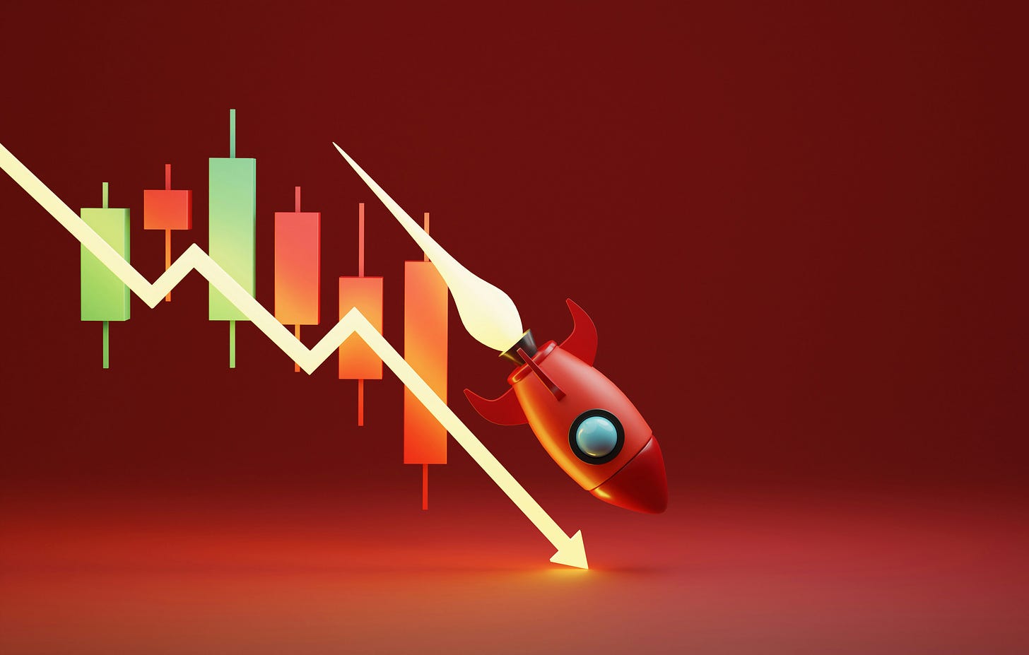 Rocket crashing down a stock chart.