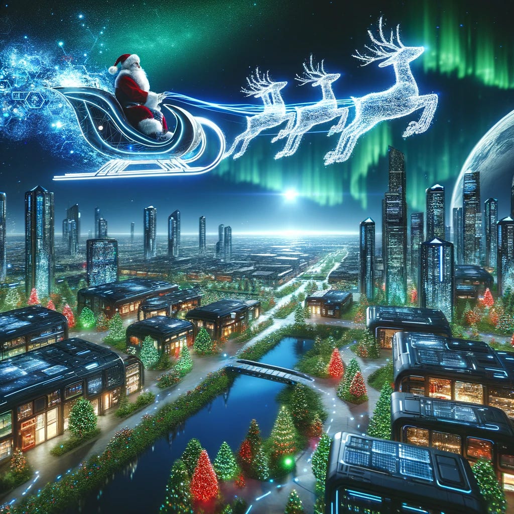 A futuristic cityscape with a sleek, quantum-powered sleigh soaring above, guided by a modern Santa Claus in a high-tech suit. The sky is dotted with holographic snowflakes and auroras, while below, eco-friendly buildings are adorned with festive lights. The image captures a sense of wonder, innovation, and holiday spirit, blending tradition with futuristic elements.