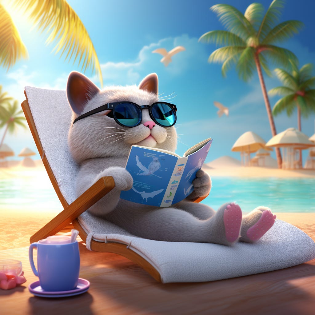 A cat reading and relaxing on a beach
