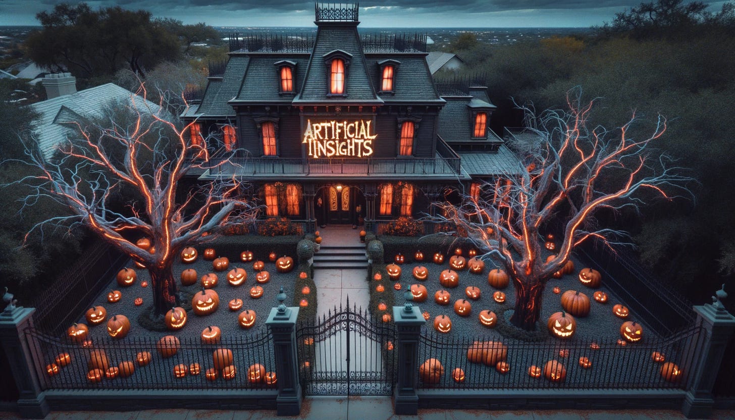 Aerial shot of a haunted mansion surrounded by dead trees and a wrought iron fence. Pumpkins with glowing faces line the pathway, and on the mansion's roof, 'ARTIFICIAL INSIGHTS' is illuminated in ghostly flames.