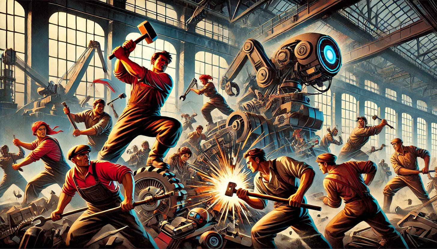A dramatic widescreen scene in Soviet Realist style depicting strong, determined workers energetically smashing and destroying AI machinery and robots. The workers, dressed in traditional proletarian clothing, wield hammers, wrenches, and heavy tools. The machines, representing advanced artificial intelligence and robots, are breaking apart, with sparks and mechanical debris flying. The background showcases industrial architecture with stark, bold lines, symbolic of labor strength and human triumph over technology. The color palette is vivid and dramatic, dominated by reds, browns, and grays to emphasize intensity and urgency.