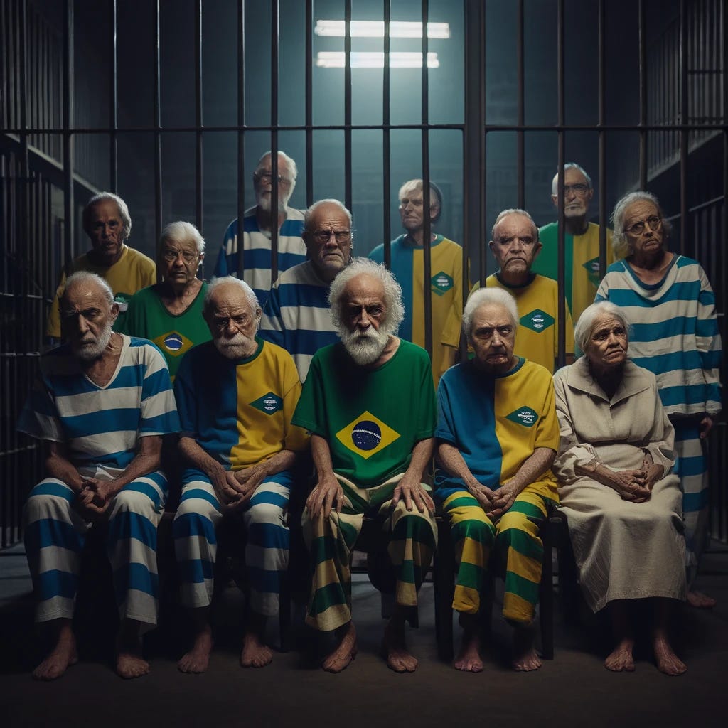 A somber scene depicting very old and frail individuals locked in a jail cell, wearing clothes with the colors of the Brazilian flag (green, yellow, and blue). The group consists of elderly men and women showing visible signs of sadness and exhaustion. The cell is stark and bare, with bars visible. The lighting is dim, emphasizing the grim atmosphere of the setting. Each individual's expression conveys a deep sense of despair and helplessness, reflecting the harsh conditions of their confinement.