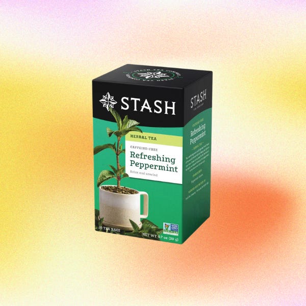 a box of stash peppermint tea on a gradient background