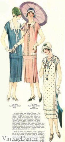 1920s dress, 1925 extra low drop waistline dresses with collars, neck ties and tiered skirts - at vintagedancer.com