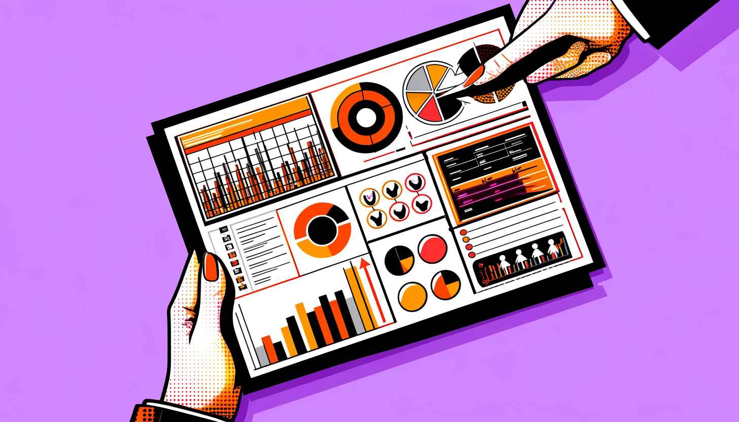 A pop art style illustration for an article titled 'Using the Balanced Scorecard as a Strategic Management System.' The color palette is restricted to bright purple, bright orange, black, and white, with a white background. The design features simple elements: a balanced scorecard with key performance indicators, charts, and graphs, and arrows representing strategic alignment. The scene is clean and simple, focusing on the concept of using the balanced scorecard for strategic management.