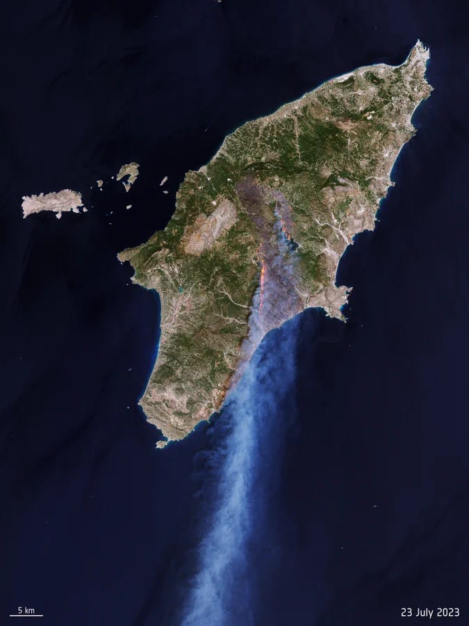 Wildfires burning on the Greek island of Rhodes have forced the evacuation of thousands of people as flames have spread from the island’s mountainous region to the coast. The Copernicus Sentinel-2 mission captured this image of the ongoing blaze yesterday 23 July 2023.

The image has been processed by combining natural colour bands with shortwave-infrared information to highlight the fire front. The image shows the extent of the burned area (visible in shades of brown) in the central part of the island, with a preliminary estimate of 11 000 hectares lost at the time of acquisition.