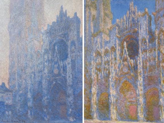 Near-identical views of the Rouen Cathedral facade: on the left, the image is cool, gray, and slightly foggy; on the right, the facade is radiant and sunny.