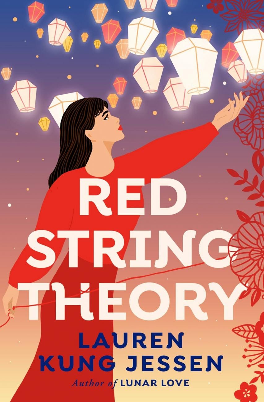 Picture of Red String Theory by Lauren Kung Dessen, which shows a woman dressed in red tipping her hand up toward a bunch of lanterns being released in the sky.