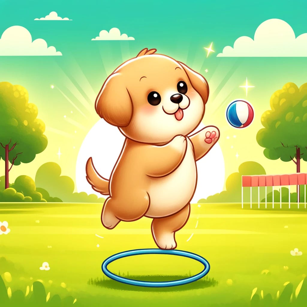 A cute puppy performing tricks in a playful outdoor setting. The puppy is standing on its hind legs, balancing a ball on its nose, and jumping through a hoop. The background features a sunny park with green grass, trees, and a clear blue sky. The overall scene is cheerful and lively, capturing the joy and energy of the puppy's antics.