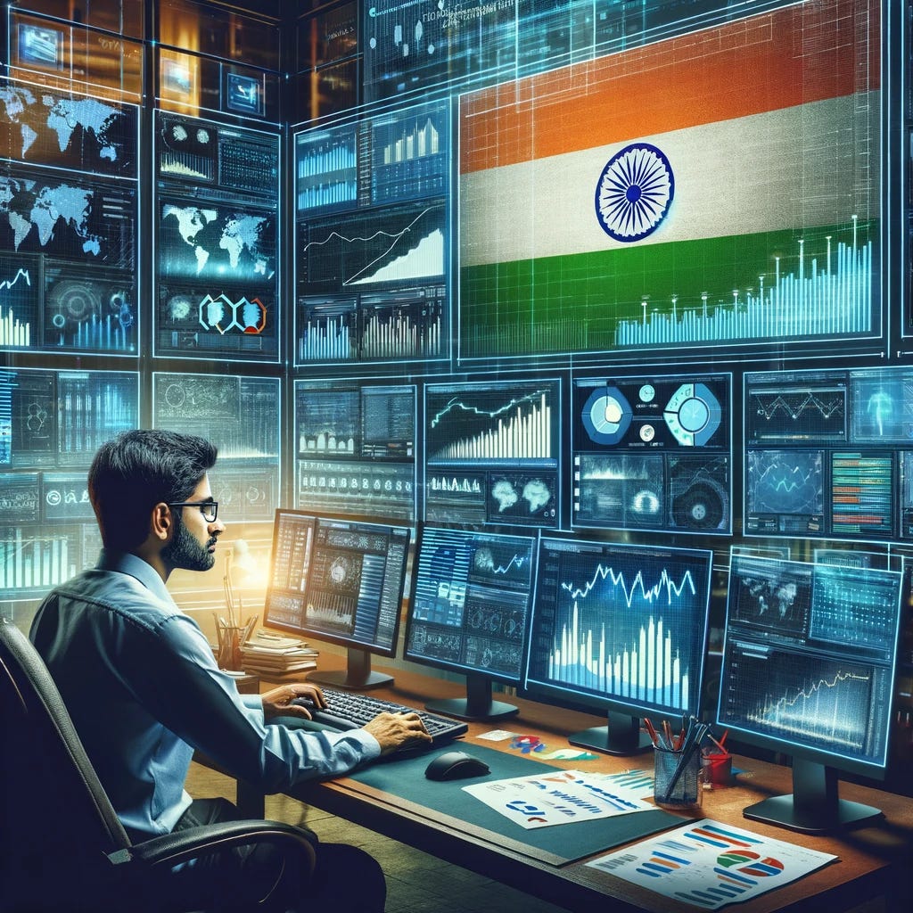 An Indian data analyst in a highly technical office environment, surrounded by multiple computer screens displaying complex economic data and graphs related to India's economy. The analyst is intensely focused, analyzing trends and statistics. The office is equipped with advanced technology, including data visualization tools and analytical software. Charts, graphs, and economic indicators are prominently featured on the screens. In the background, the Indian flag is subtly integrated, emphasizing the analyst's dedication to analyzing India's economic data.