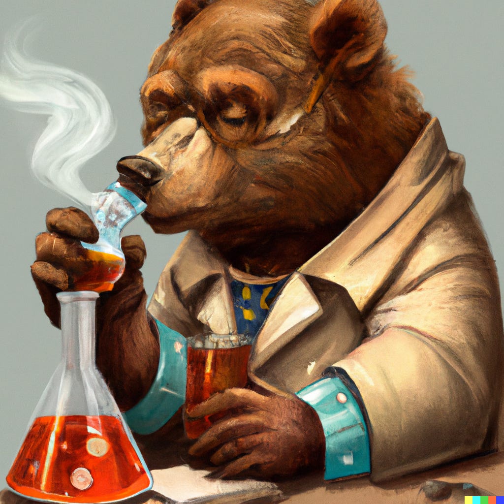 A cartoon bear wearing a lab coat and smelling a chemistry beaker