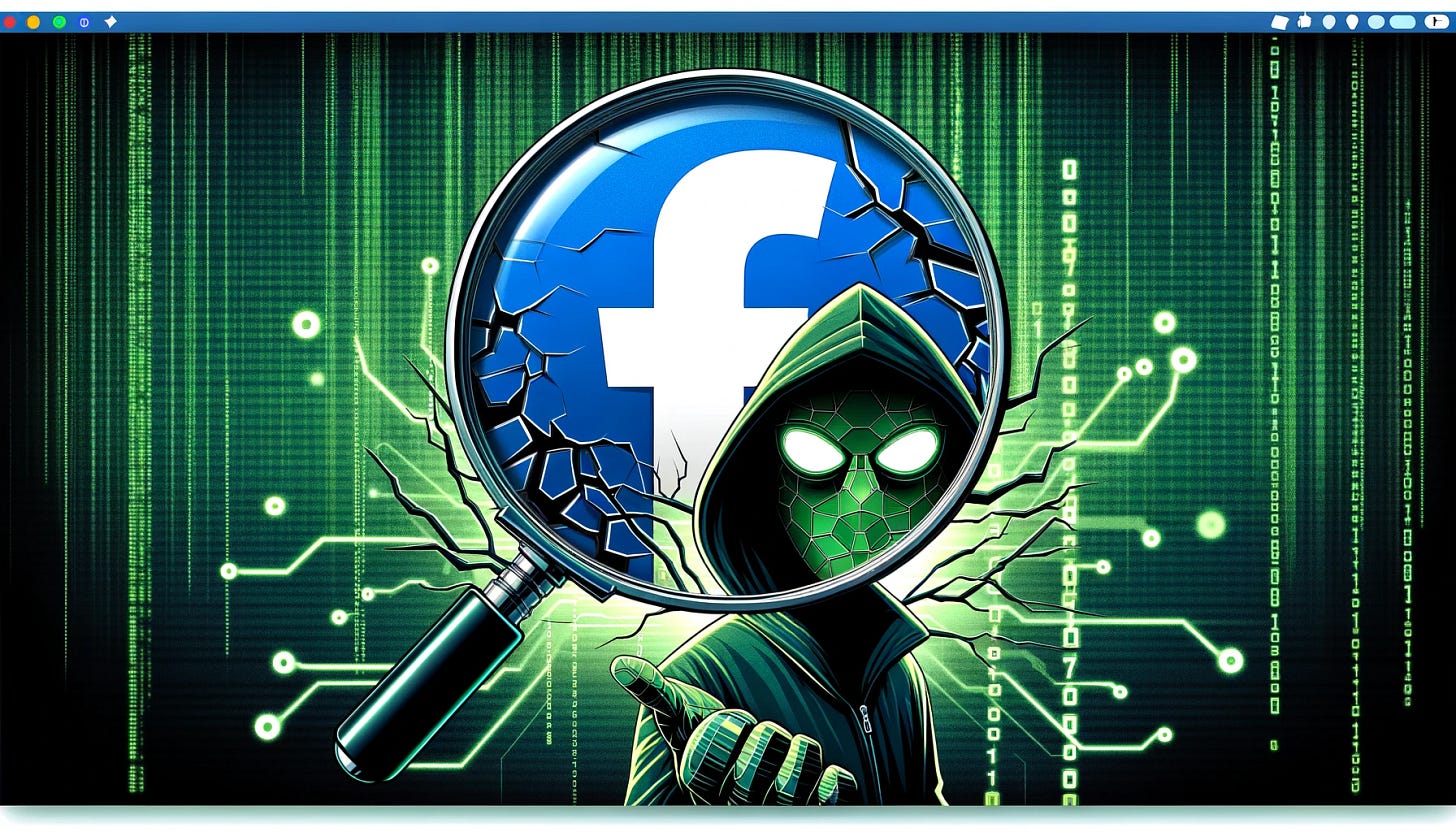 A digital artwork for a blog header, depicting a Facebook scam warning. The image features a large, ominous, cartoon-style magnifying glass focusing on a stylized Facebook logo, which appears cracked and distorted, symbolizing danger and deceit. Behind this central image, a background of digital binary code in green and black, resembling a digital matrix, adds a sense of cyber threat. The artwork has a modern, sleek design with a color palette of blue, green, and black, creating a serious and cautionary atmosphere.