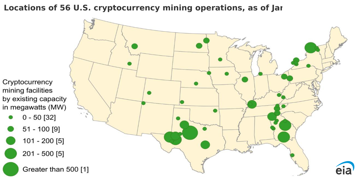 Locations of 56 U.S. cryptocurrency mining operations