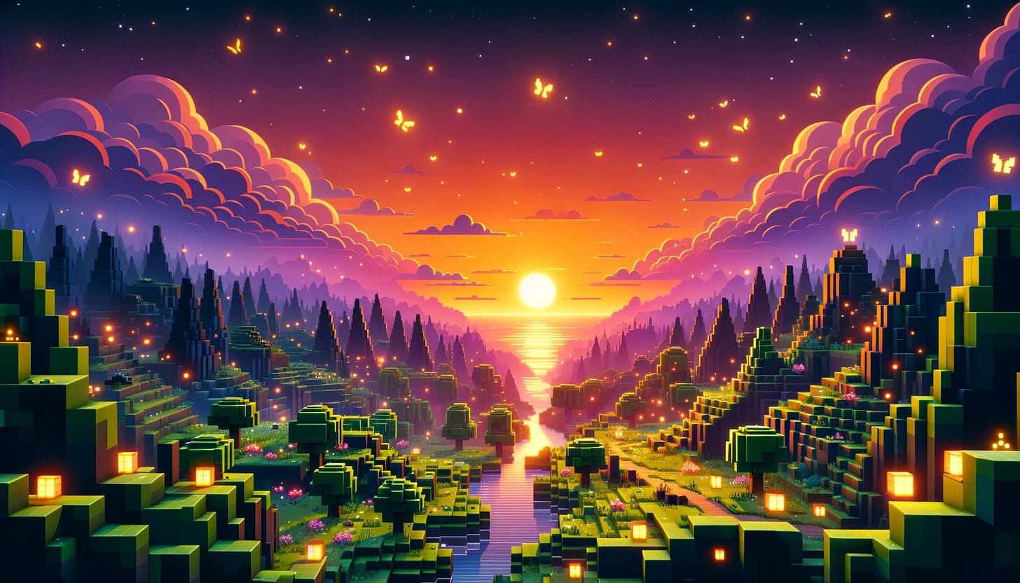 A vibrant digital art piece depicting a Minecraft-style landscape during sunset, with the sky transitioning from purple to orange above blocky, tree-covered hills that lead down to a calm river reflecting the sun’s glow. Fireflies and stars dot the evening sky, adding to the serene and whimsical atmosphere of the scene.