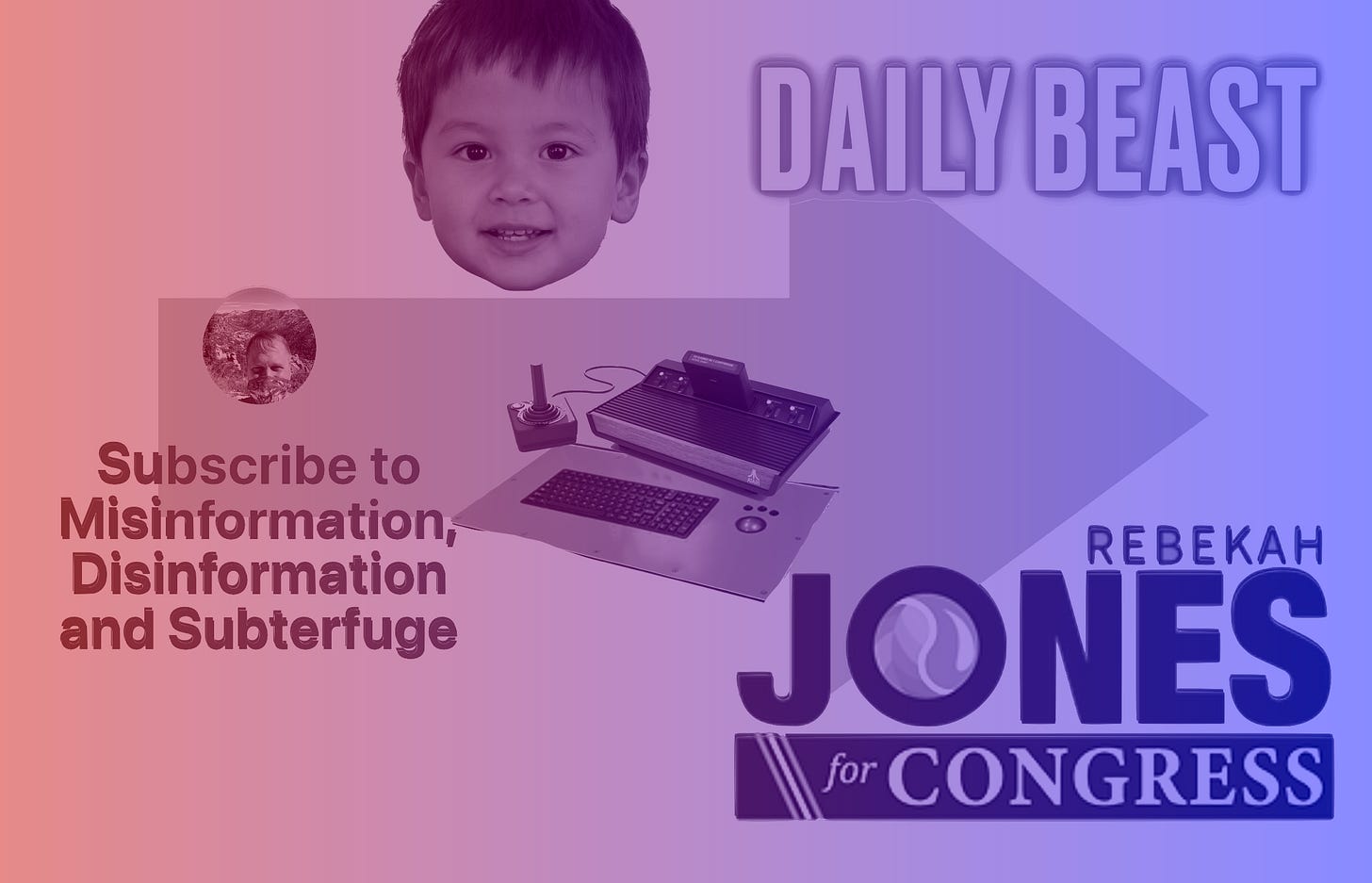 red-to-blue horizontal gradient image containing the logos of "Misinformation, Disinformation and Subterfuge" by Steven Jarvis, the Rebekah Jones campaign, and The Daily Beast, accompanied by a GAN-generated face and two consoles