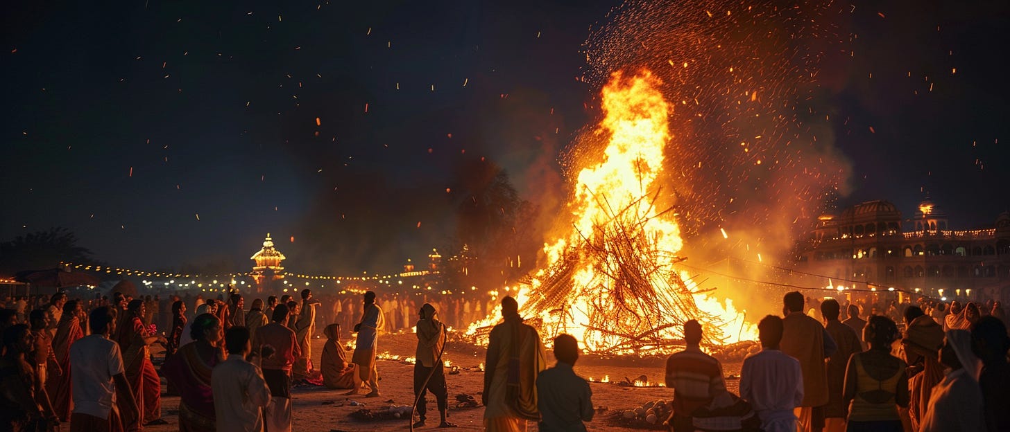 The photograph captures a vibrant night scene centered around a large, blazing bonfire with sparks and embers rising into the evening sky. Gathered around are numerous people, many dressed in traditional Indian garments, engaged in what appears to be a cultural or religious ceremony. In the background, illuminated structures with intricate architecture suggest a grand setting, possibly a palace or a temple complex. The atmosphere is one of reverence and community, underscored by the warm glow of the fire against the cooler hues of the night.