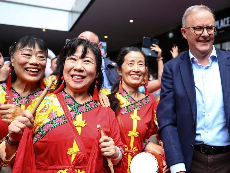 PM Anthony Albanese walks through Emerald Square during Lunar New Year Celebrations in Sydney. (Jeremy Ng/AAP PHOTOS)