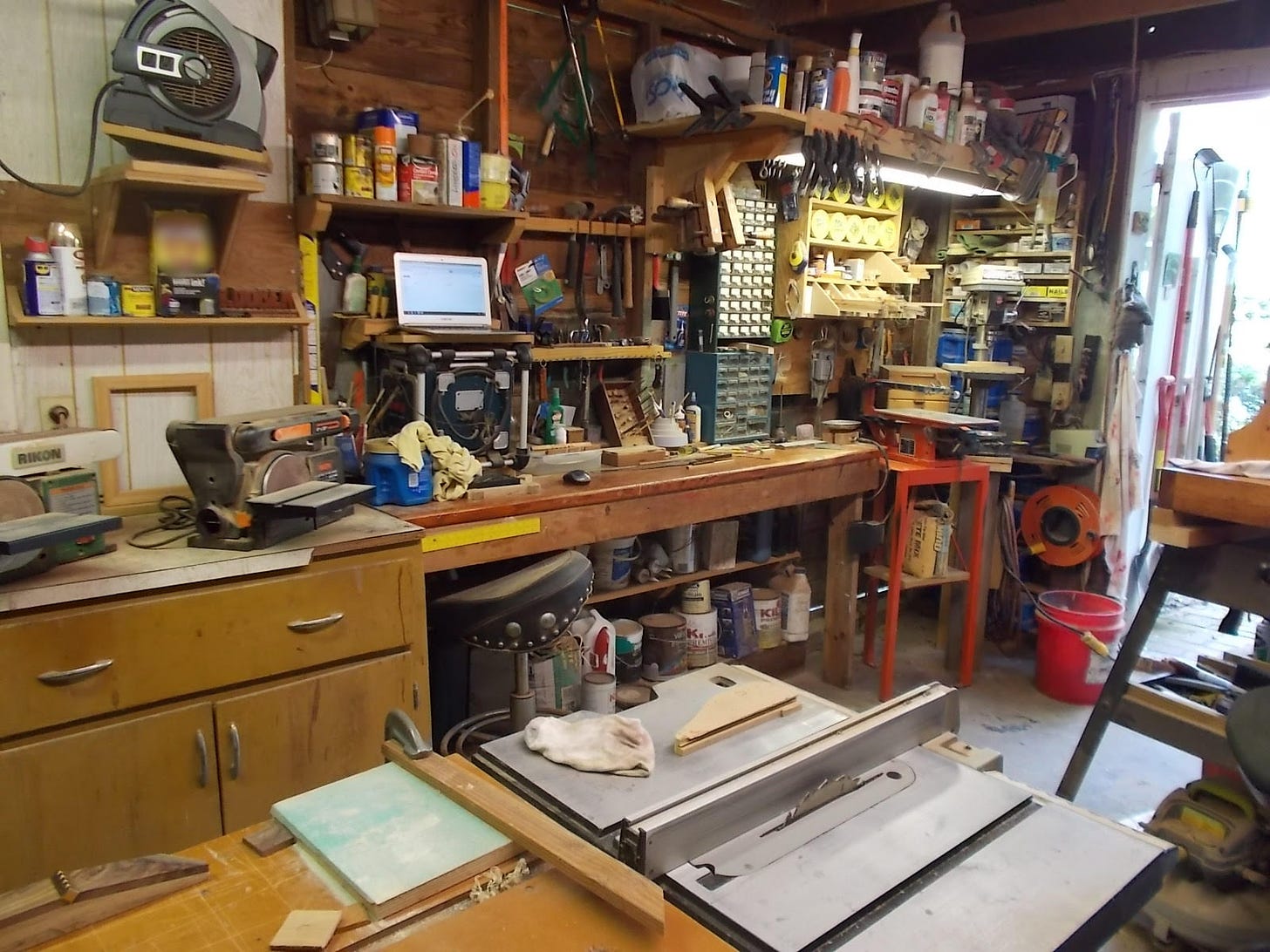Inside my 100 year-old workshop, facing the main workbench. No newts in sight. They are camera shy.
