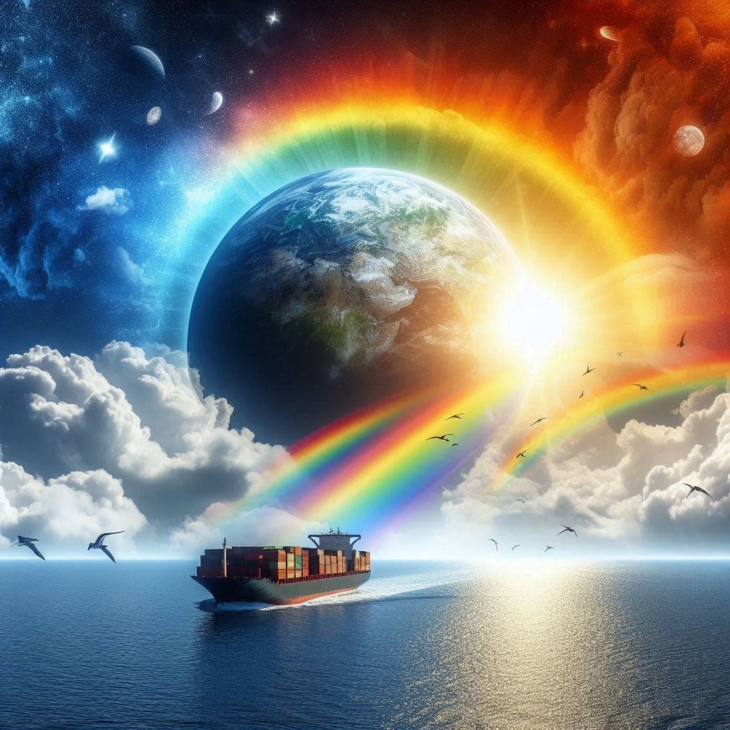A creative and artistic image of the sun, rainbow, ocean, and a containership, shining brightly