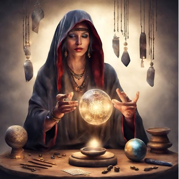 Fortune teller in a hooded caftan gazing into a crystal ball floating above a shallow bowl of flaming oil. Various mystical tools are scattered across a round table and pendulums dangle nearby.