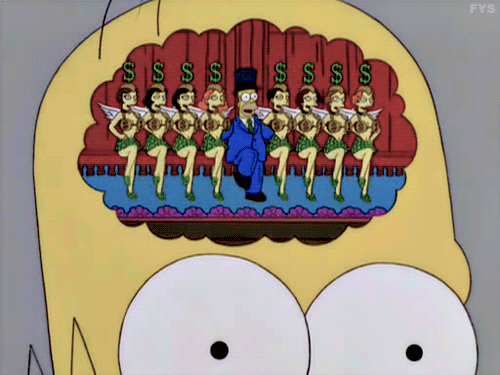 Homer Simpson imagining a chorus line with dollars signs and him in the middle