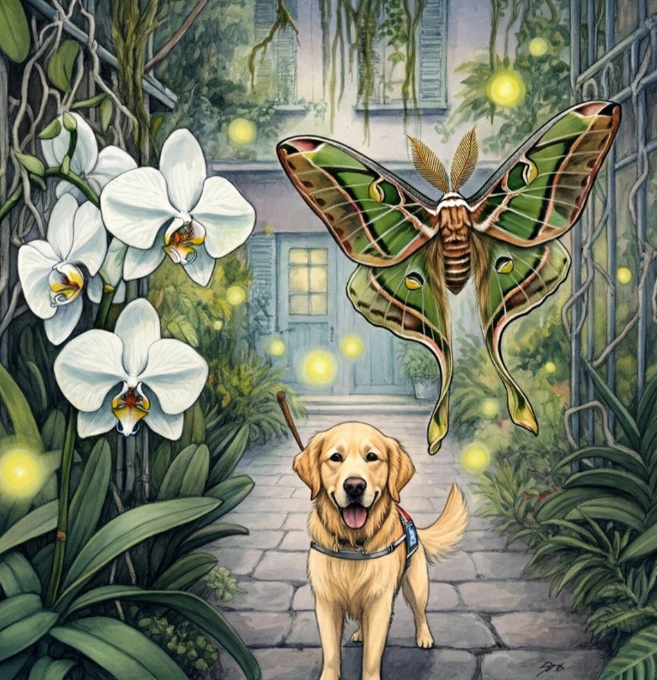 Image of New Orleans courtyard garden with Ghost Orchid, Giant Sphinx moth, and Golden Retriever Guide dog.